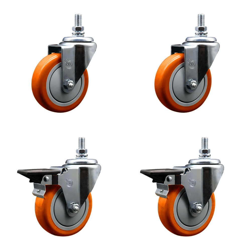 SCC-TS20S414-PPUB-ORG-M1015-2-PLB-2 Polyurethane Swivel Threaded Stem Caster with 4 x 1.25 in. Orange Wheels & 10 mm Stems - Set of 4