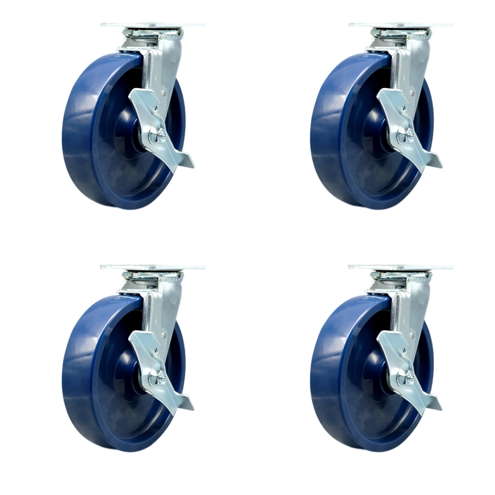 Stainless Steel Solid Polyurethane Swivel Top Plate Casters, Heavy Duty with 8 in. Wheels - 4800 lbs Total Capacity - Set of 4