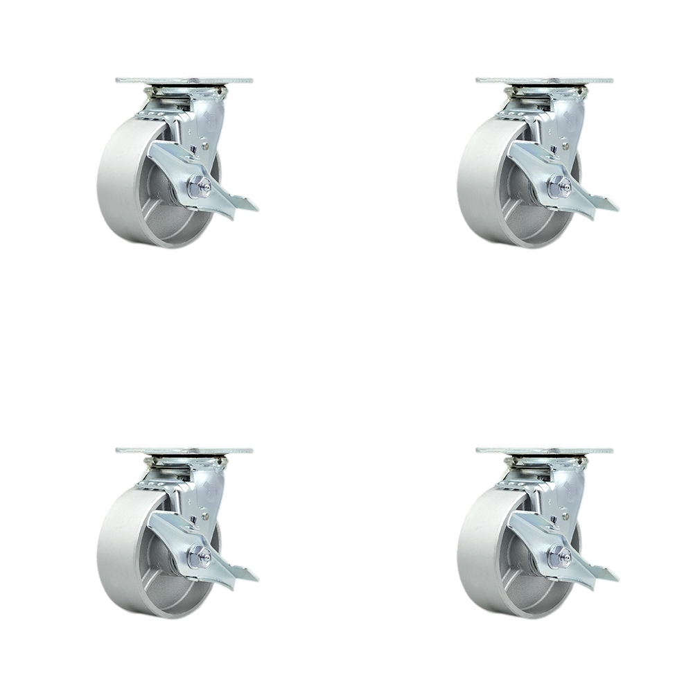 SCC-30CS520-SSR-TLB-BSL-4 Semi Steel Cast Iron Swivel Top Plate Casters, Heavy Duty with 5 in. Wheels - 4000 lbs Total Capacity - Set of 4