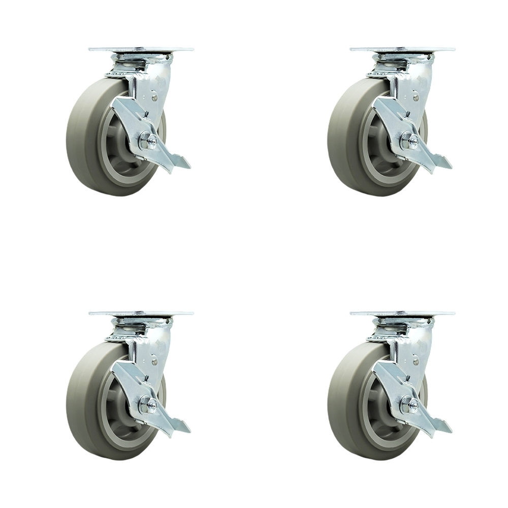 Thermoplastic Rubber Flat Tread Swivel Top Plate Casters, Heavy Duty with 6 in. Wheels - 2000 lbs Total Capacity - Set of 4