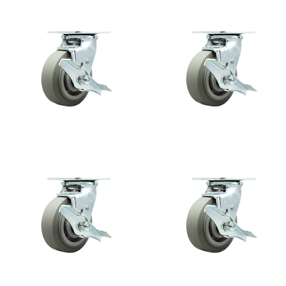 SCC-SS30S520-TPRRF-TLB-BSL-4 Stainless Steel Thermoplastic Rubber Flat Tread Swivel Top Plate Casters, Heavy Duty with 5 in. Wheels - Set of 4