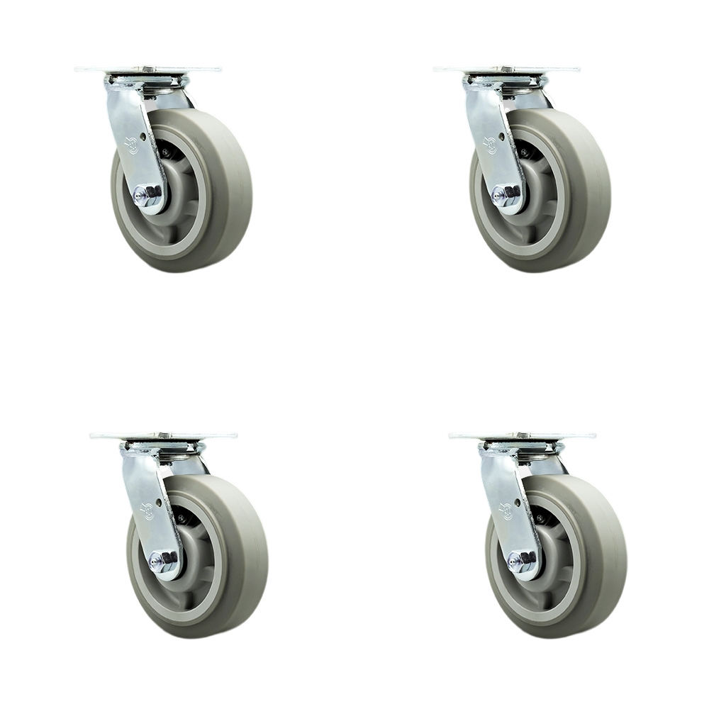 SCC-SS30S620-TPRRF-BSL-4 Stainless Steel Thermoplastic Rubber Flat Tread Swivel Top Plate Casters, Heavy Duty with 6 in. Wheels - Set of 4