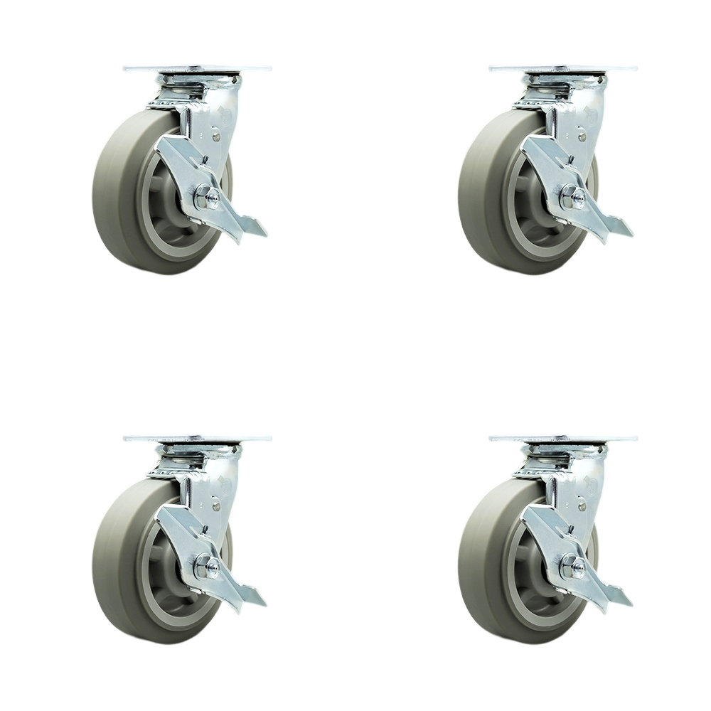Stainless Steel Thermoplastic Rubber Flat Tread Swivel Top Plate Casters, Heavy Duty with 6 in. Wheels - 2000 lbs Total Capacity - Set of 4
