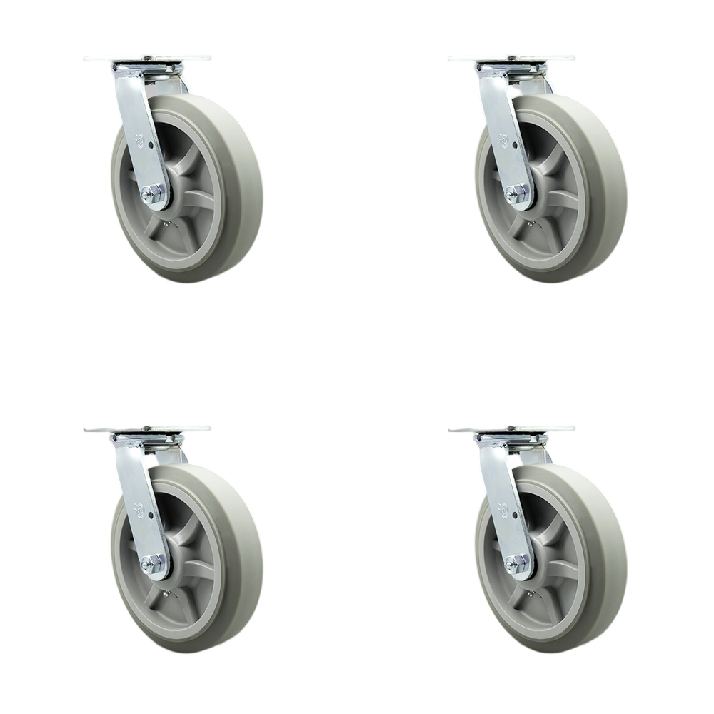 Stainless Steel Thermoplastic Rubber Flat Tread Swivel Top Plate Casters, Heavy Duty with 8 in. Wheels - 2400 lbs Total Capacity - Set of 4