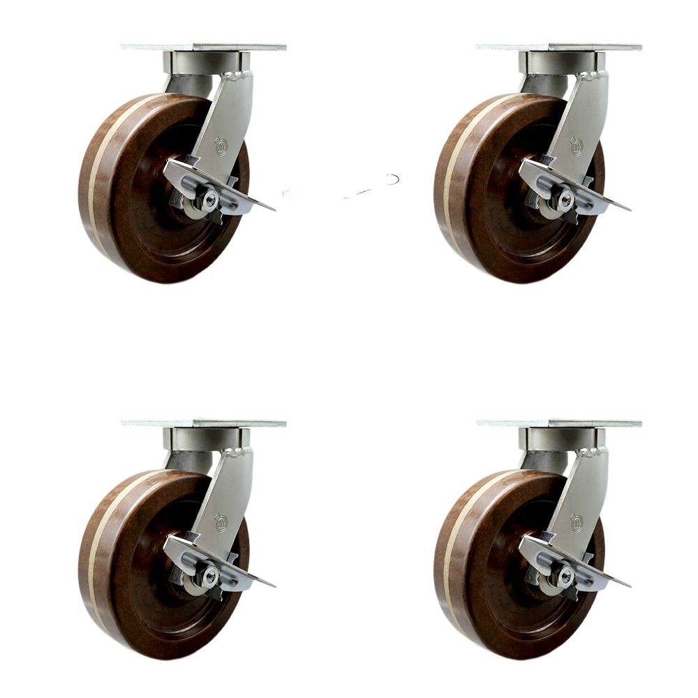 SCC-KP92S1030-PHRHT-SLB-BSL-4 10 in. Swivel Top Plate Caster Set Extra Heavy Duty Casters with High Temperature Phenolic Wheels - Set of 4