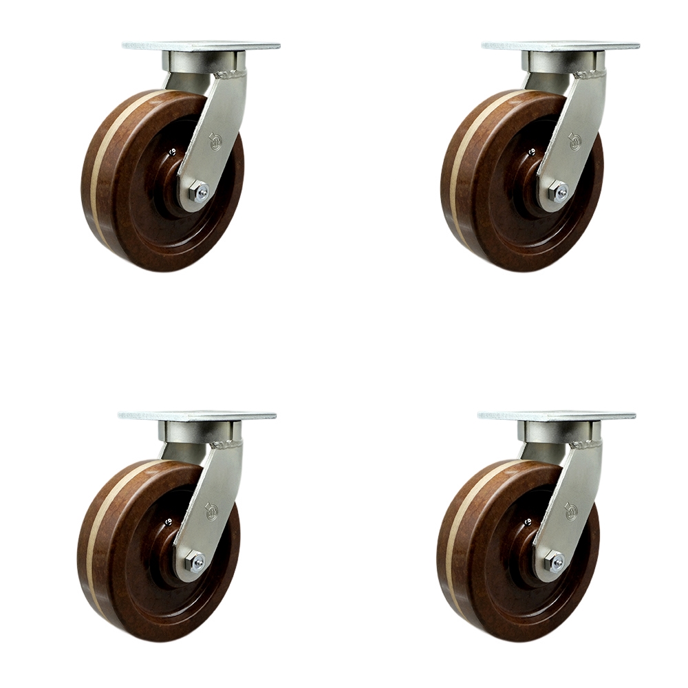 SCC-KP92S830-PHRHT-BSL-4 8 in. Swivel Top Plate Caster Set Extra Heavy Duty Casters with High Temperature Phenolic Wheels - Set of 4