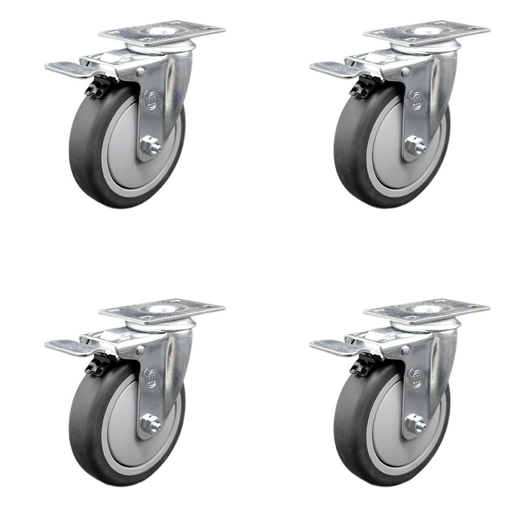 Stainless Steel Thermoplastic Rubber Swivel Top Plate Caster with 5 x 1.25 in. Gray Wheels - 1200 lbs Total Capacity - Set of 4
