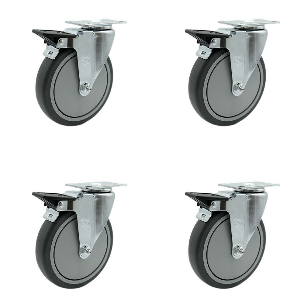 Stainless Steel Thermoplastic Rubber Swivel Top Plate Caster with 6 x 1.25 in. Gray Wheels - 1200 lbs Total Capacity - Set of 4