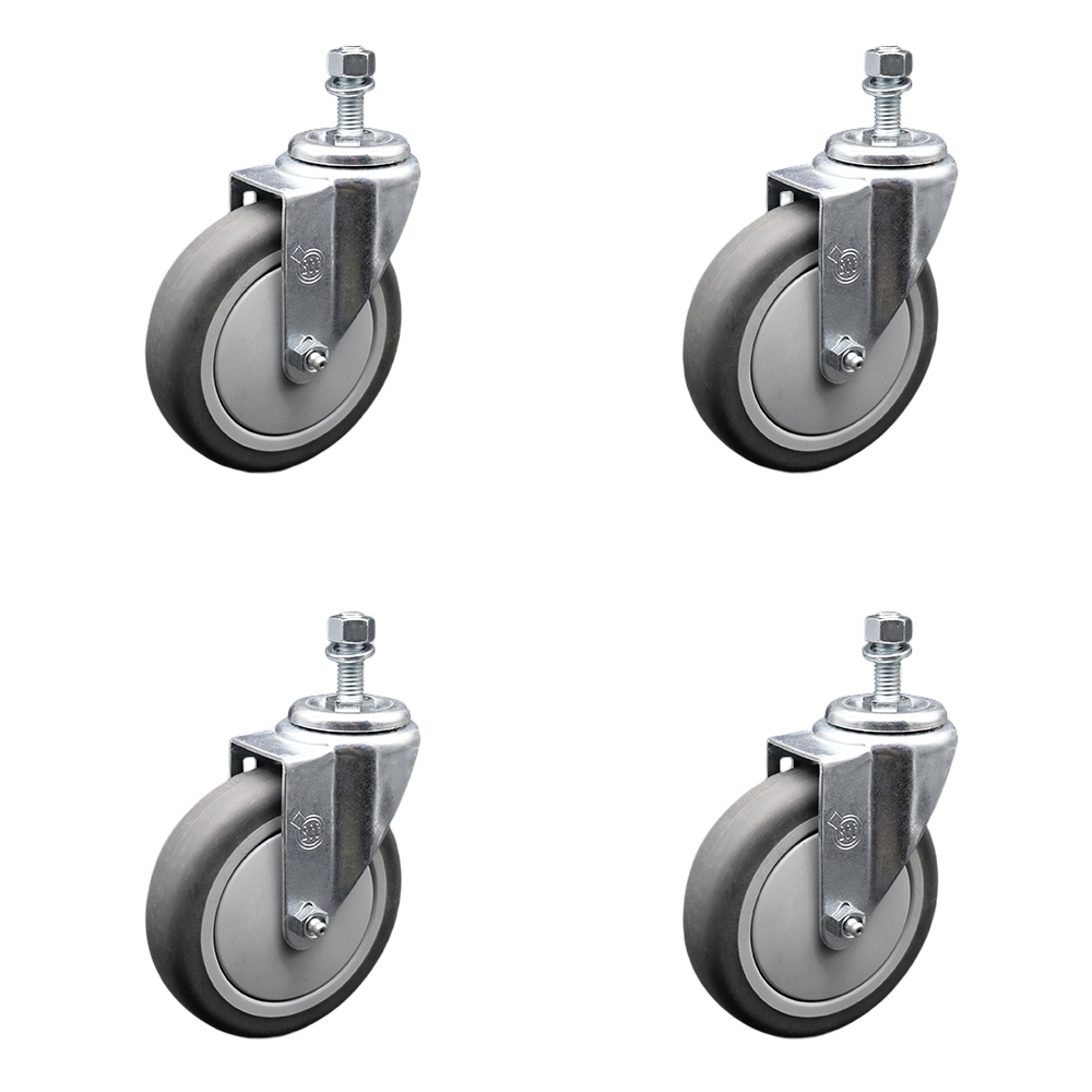 Thermoplastic Rubber Swivel Threaded Stem Caster with 5 x 1.25 in. Gray Wheels & 0.50 in. Stems - 1200 lbs Total Capacity - Set of 4