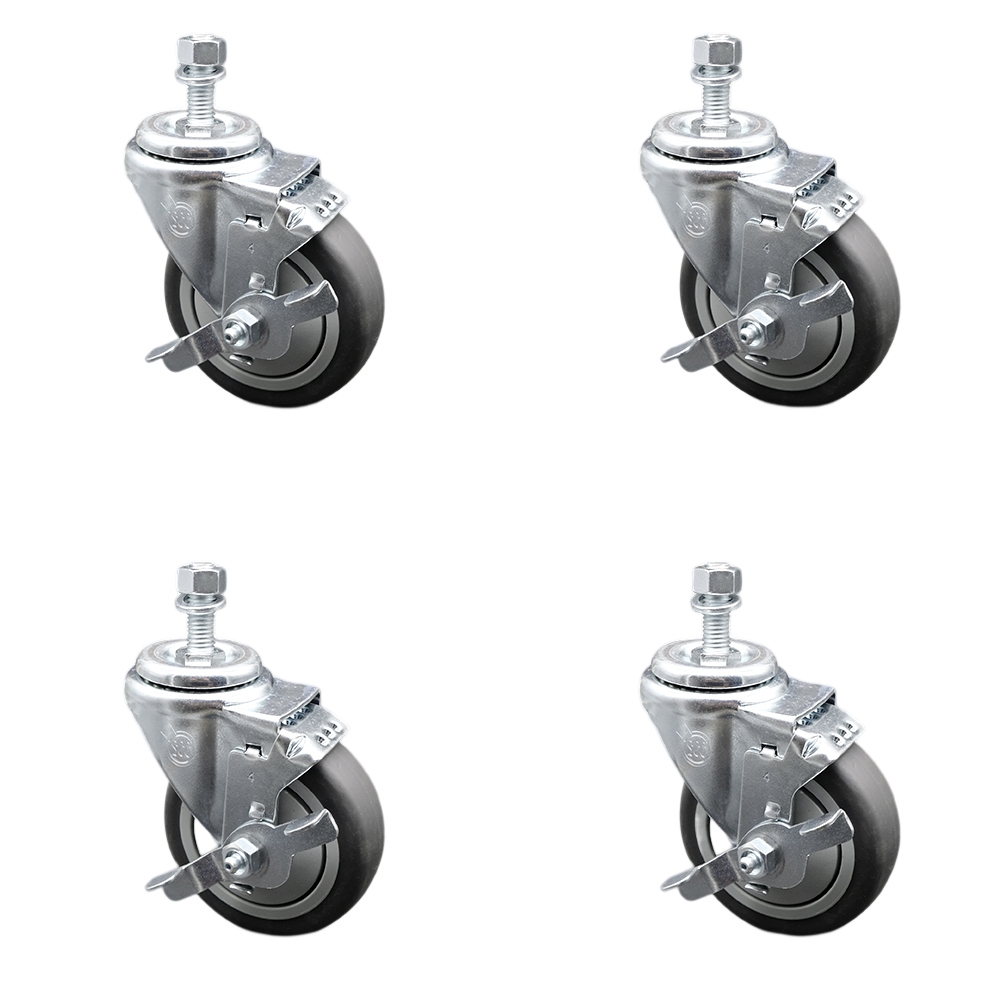 Stainless Steel Thermoplastic Rubber Swivel Threaded Stem Caster with 4 x 1.25 in. Gray Wheels & 0.50 in. Stems - 1000 lbs Total Capacity - Set of 4