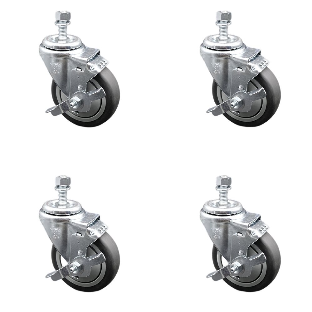 Stainless Steel Thermoplastic Rubber Swivel Threaded Stem Caster with 4 x 1.25 in. Gray Wheels & 0.37 in. Stems - 1000 lbs Total Capacity - Set of 4