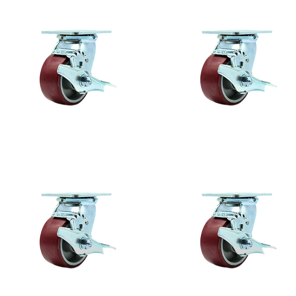 Stainless Steel Polyurethane on Aluminum Swivel Top Plate Casters, Heavy Duty with 4 in. Wheels - 2800 lbs Total Capacity - Set of 4