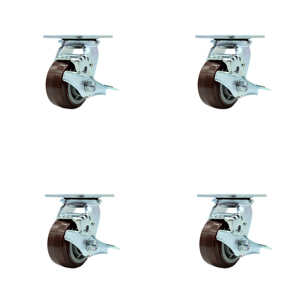 SCC-30CS420-PPUR-TLB-BSL-4 Polyurethane Swivel Top Plate Casters, Heavy Duty with 4 in. Wheels - 2400 lbs Total Capacity - Set of 4