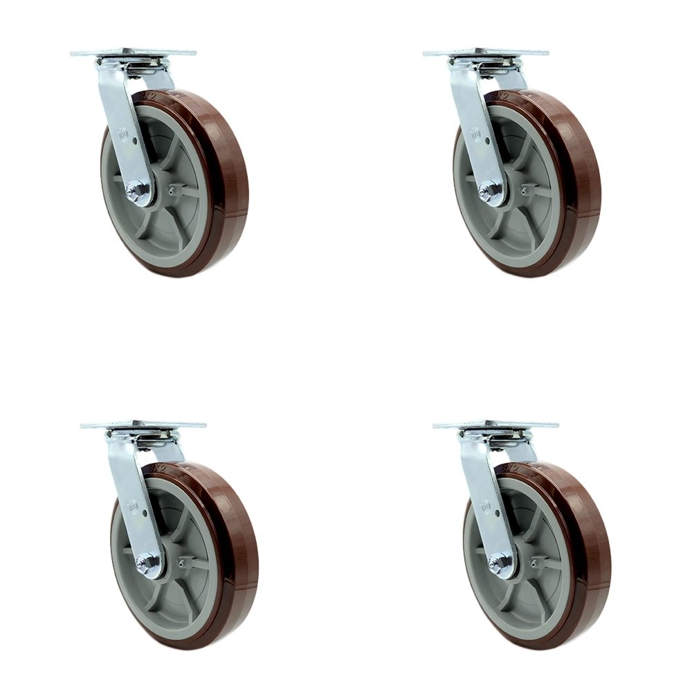 SCC-30CS820-PPUR-BSL-4 Polyurethane Swivel Top Plate Casters, Heavy Duty with 8 in. Wheels - 4000 lbs Total Capacity - Set of 4