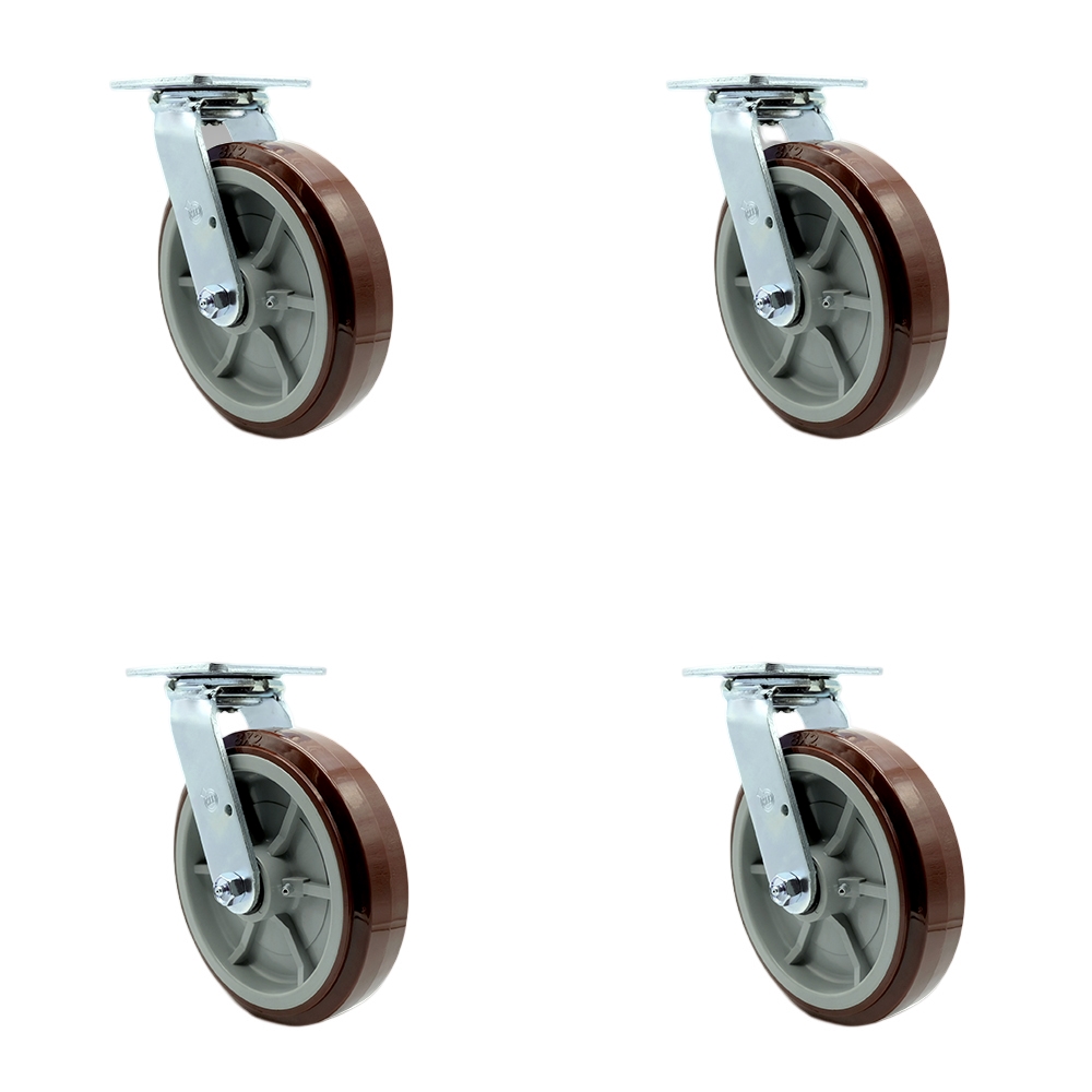 SCC-SS30S820-PPUR-BSL-4 Stainless Steel Polyurethane Swivel Top Plate Casters, Heavy Duty with 8 in. Wheels - 4000 lbs Total Capacity - Set of 4