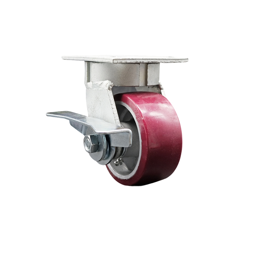 Kingpinless Polyurethane on Aluminum Swivel Top Plate Caster with 4 x 2 in. Maroon Wheel & Side Lock Brake - 700 lbs Capacity per Caster