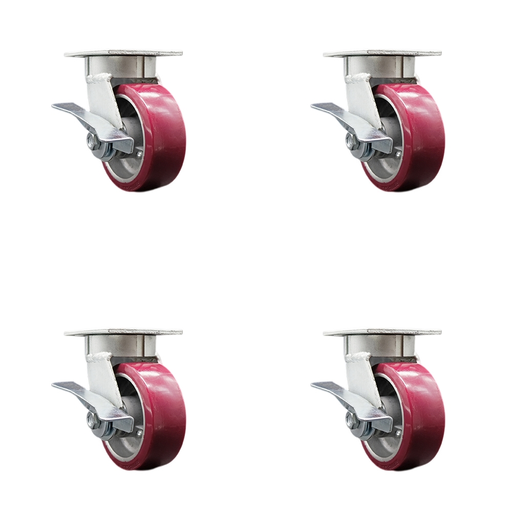 SCC-KP30S520-PAR-SLB-4 Kingpinless Polyurethane on Aluminum Swivel Top Plate Caster with 5 x 2 in. Maroon Wheels - 3600 lbs Total Capacity - Set of 4
