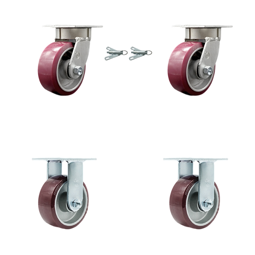 Kingpinless Polyurethane on Aluminum Swivel Top Plate Caster with 5 x 2 in. Maroon Wheels - 3600 lbs Total Capacity - Set of 4