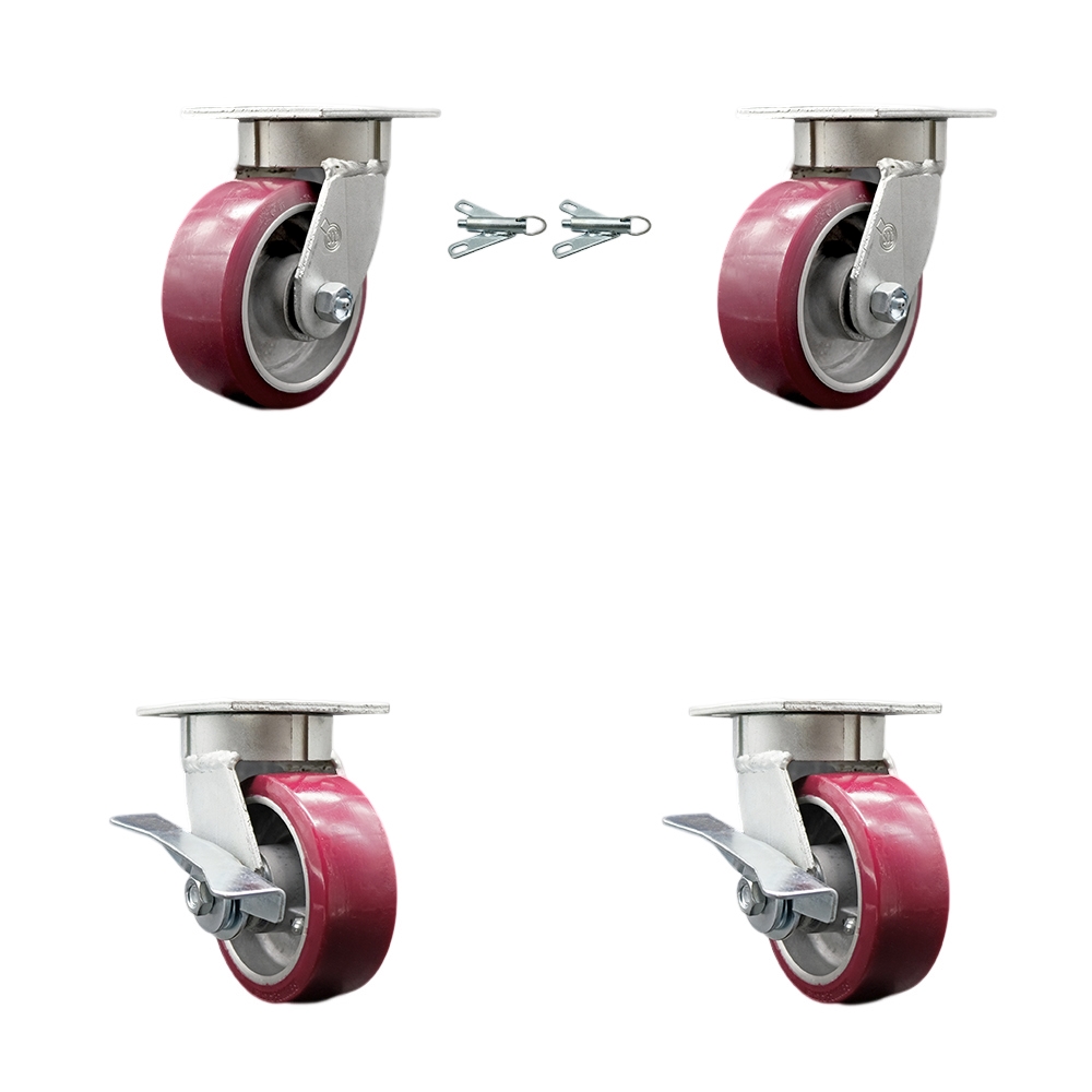 SCC-KP30S520-PAR-BSL-2-SLB-2 Kingpinless Polyurethane on Aluminum Swivel Top Plate Caster with 5 x 2 in. Maroon Wheels - 3600 lbs Capacity - Set of 4