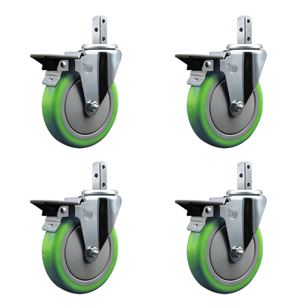 Swivel Square Stem Caster with 5 x 1.25 in. Green Poly Wheel, 0.87 x 2 in. Square Stem with 3 0.26 in. Diameter Mounting Holes - Set of 4