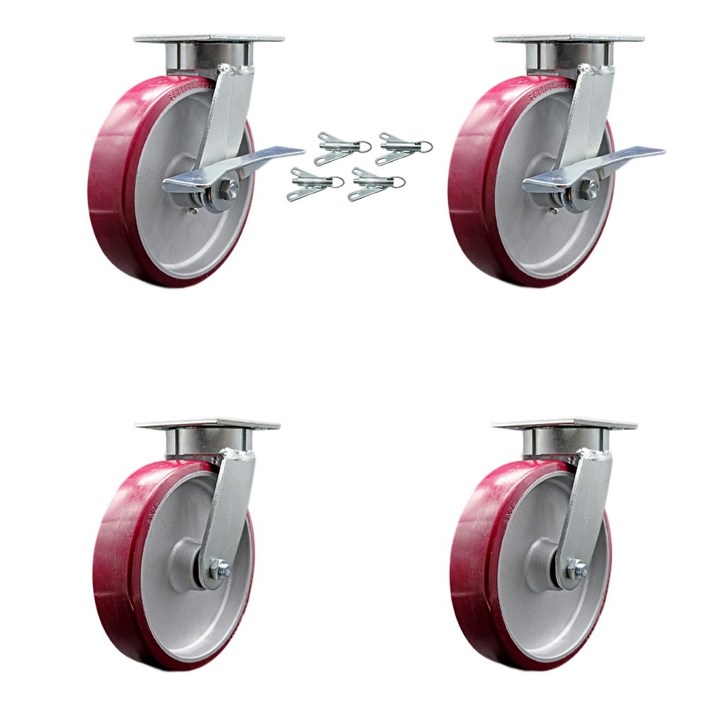 SCC-KP30S820-PAR-SLB-BSL-2-BSL-2 Kingpinless Poly on Aluminum Swivel Top Plate Caster with 8 x 2 in. Maroon Wheels - 5000 lbs Capacity - Set of 4