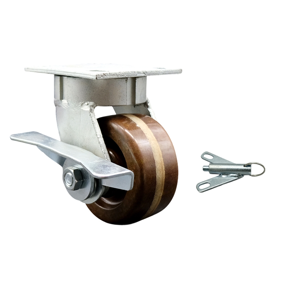 Kingpinless High Temperature Phenolic Swivel Top Plate Caster with 4 x 2 in. Brown Wheel & Side Lock Brake & Bolt on Swivel Lock - 800 lbs Capacity