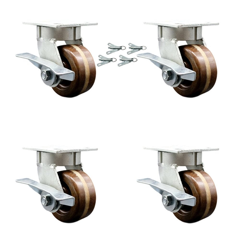 Kingpinless High Temperature Phenolic Swivel Top Plate Caster with 4 x 2 in. Brown Wheels - 3200 lbs Total Capacity - Set of 4