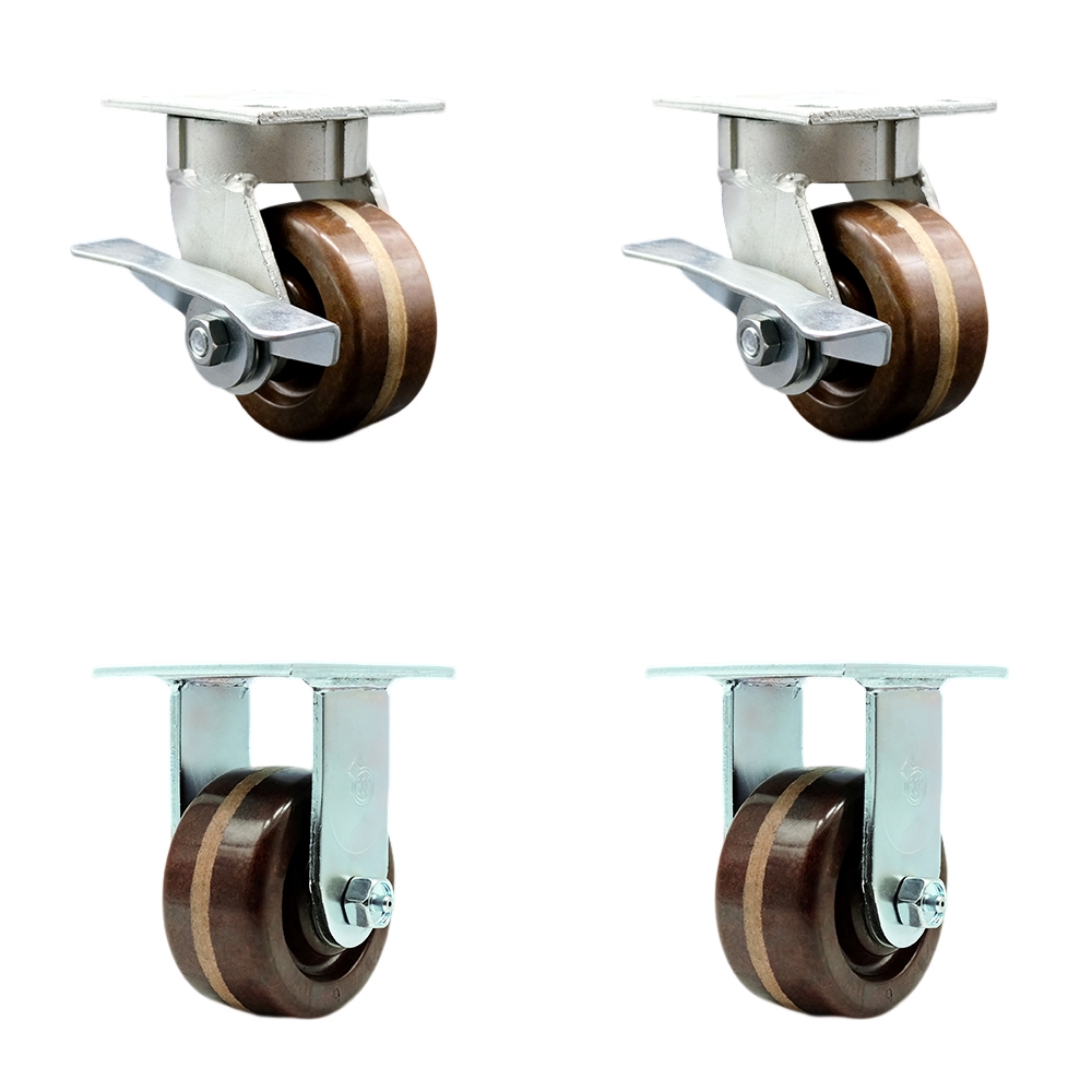 Kingpinless High Temperature Phenolic Swivel Top Plate Caster with 4 x 2 in. Brown Wheels - 3200 lbs Total Capacity - Set of 4