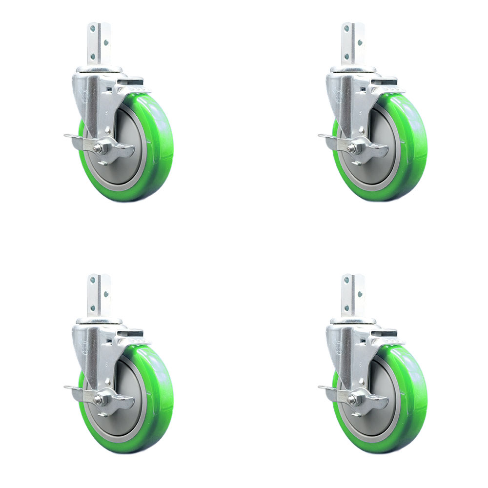 Swivel Square Stem Caster with 5 x 1.25 in. Green Poly Wheel, 0.75 x 2 in. Square Stem with 3 0.26 in. Diameter Mounting Holes - Set of 4