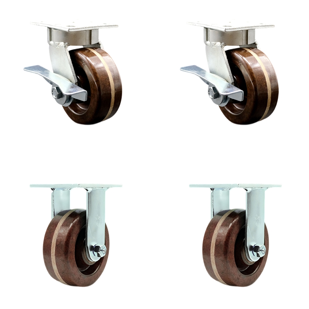 Kingpinless High Temperature Phenolic Swivel Top Plate Caster with 5 x 2 in. Brown Wheels - 4000 lbs Total Capacity - Set of 4