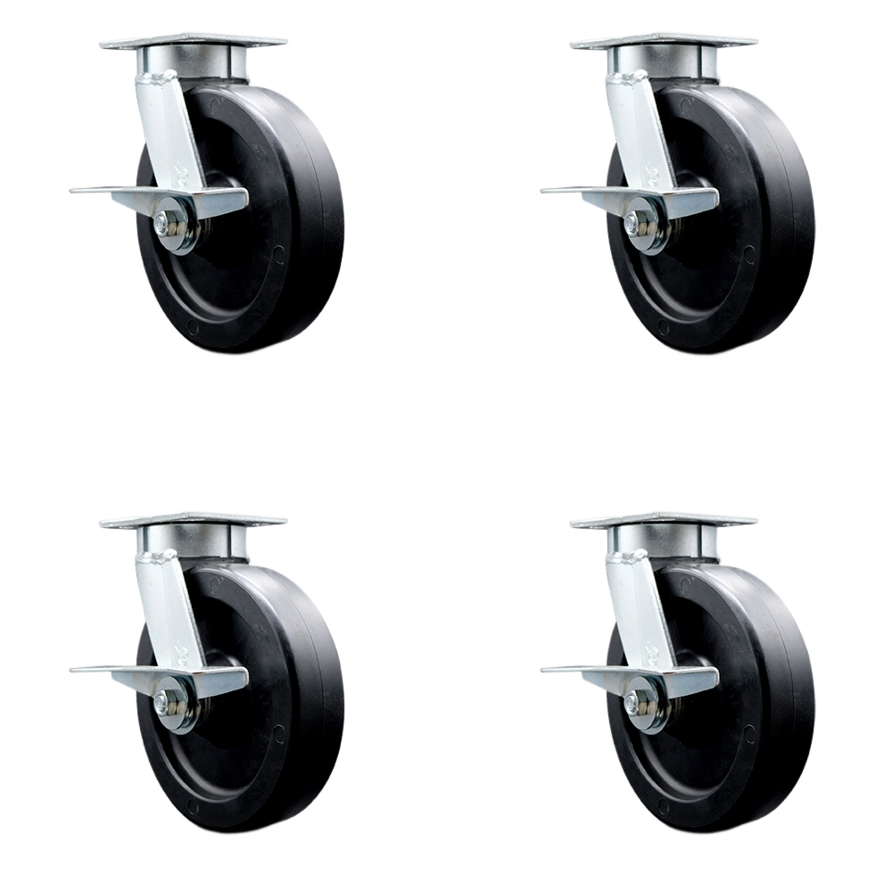 SCC-KP30S820-POR-SLB-BSL-4 Kingpinless Polyolefin Swivel Top Plate Caster with 8 x 2 in. Black Wheels - 3600 lbs Total Capacity - Set of 4