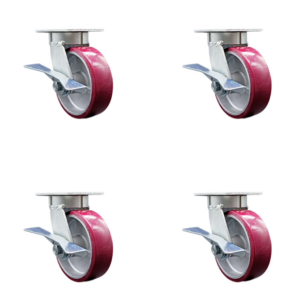 Kingpinless Polyurethane on Aluminum Swivel Top Plate Caster with 6 x 2 in. Maroon Wheels - 4800 lbs Total Capacity - Set of 4