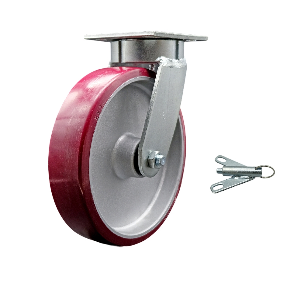 Kingpinless Polyurethane on Aluminum Swivel Top Plate Caster with 8 x 2 in. Maroon Wheel & Bolt on Swivel Lock - 1250 lbs Capacity per Caster