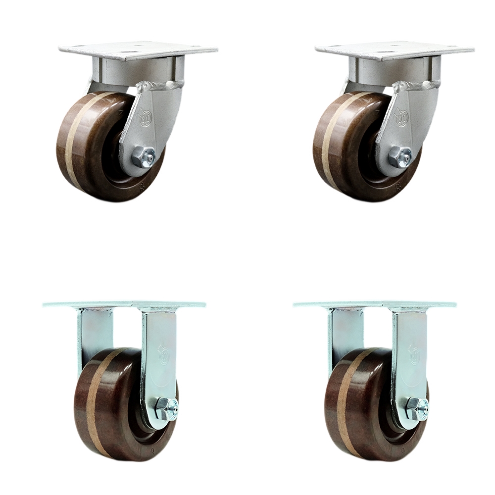 Kingpinless High Temperature Phenolic Swivel Top Plate Caster with 4 x 2 in. Brown Wheels - 3200 lbs Total Capacity - Set of 4
