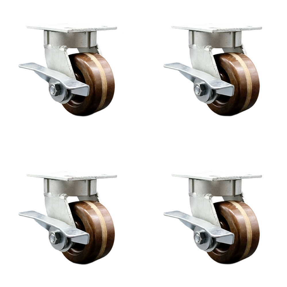 Kingpinless High Temperature Phenolic Swivel Top Plate Caster with 4 x 2 in. Brown Wheels - 3200 lbs Capacity - Set of 4