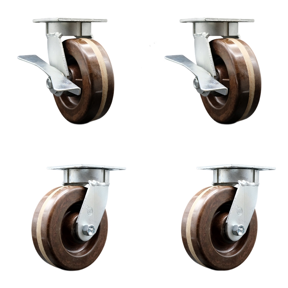 Kingpinless High Temperature Phenolic Swivel Top Plate Caster with 6 x 2 in. Brown Wheels - 4800 lbs Capacity - Set of 4