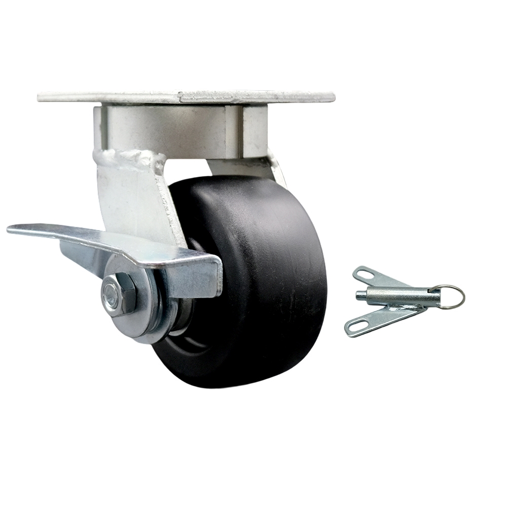 Kingpinless Polyolefin Swivel Top Plate Caster with 4 x 2 in. Black Wheel & Side Lock Brake & Bolt on Swivel Lock - 500 lbs Capacity per Caster