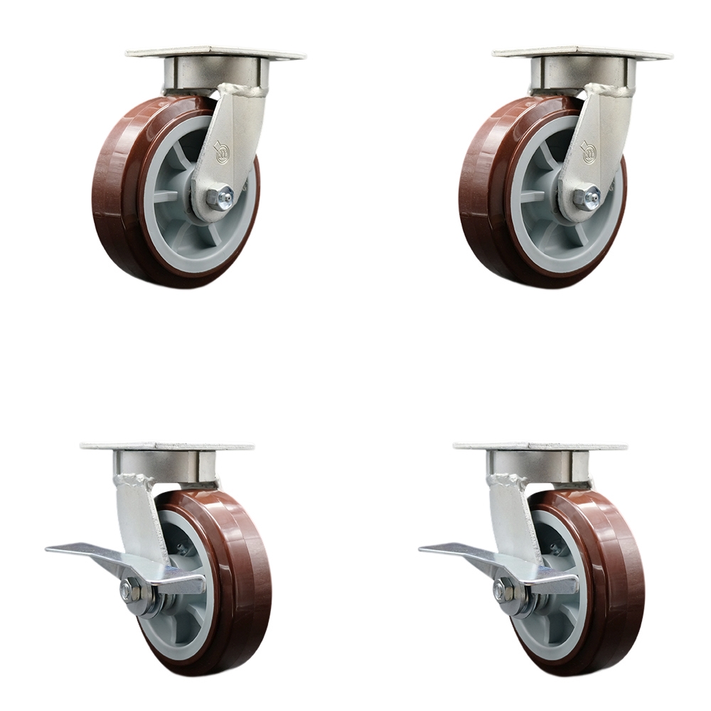 Kingpinless Polyurethane on Polyolefin Swivel Top Plate Caster with 6 x 2 in. Maroon Wheels - 3600 lbs Total Capacity - Set of 4
