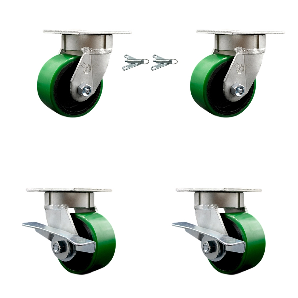 Kingpinless Polyurethane on Cast Iron Swivel Top Plate Caster with 4 x 2 in. Green Wheels - 2800 lbs Capacity - Set of 4