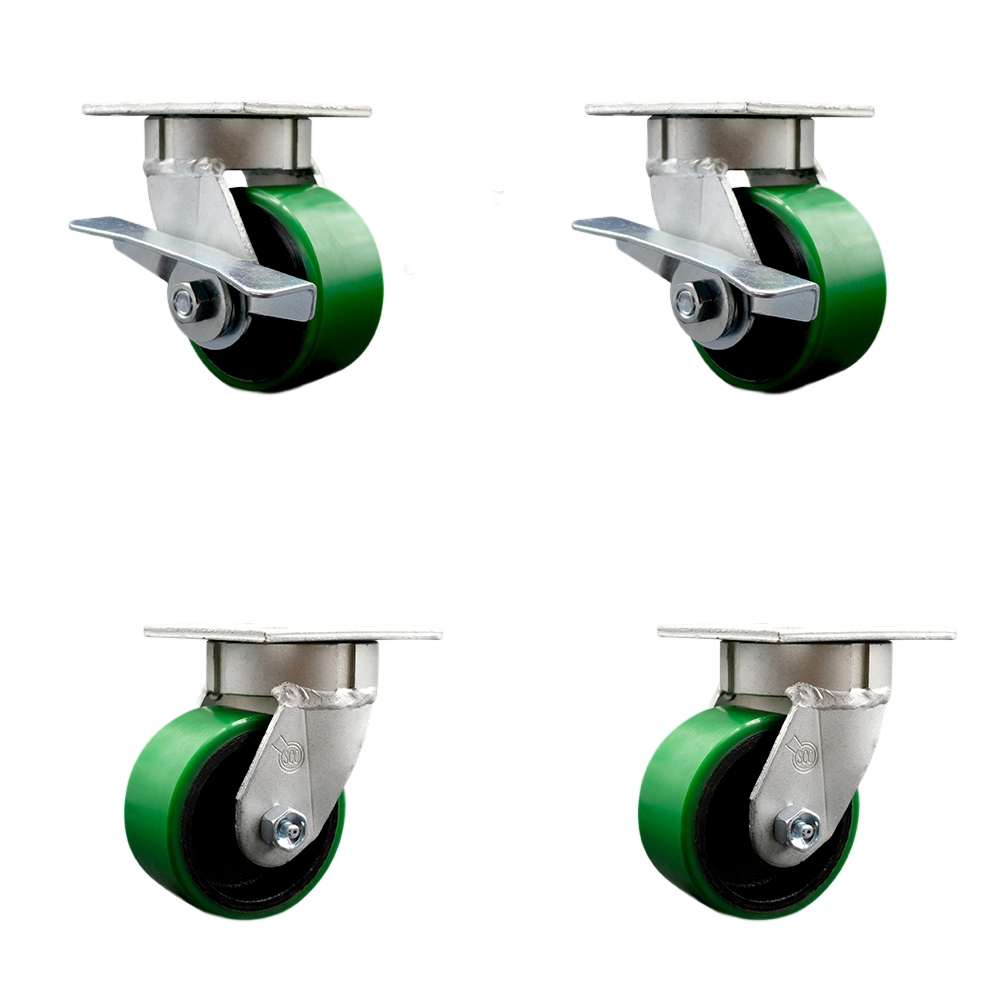 SCC-KP30S420-PUR-GB-SLB-BSL-2-BSL-2 Kingpinless Poly on Cast Iron Swivel Top Plate Caster with 4 x 2 in. Green Wheels - 2800 lbs Capacity - Set of 4