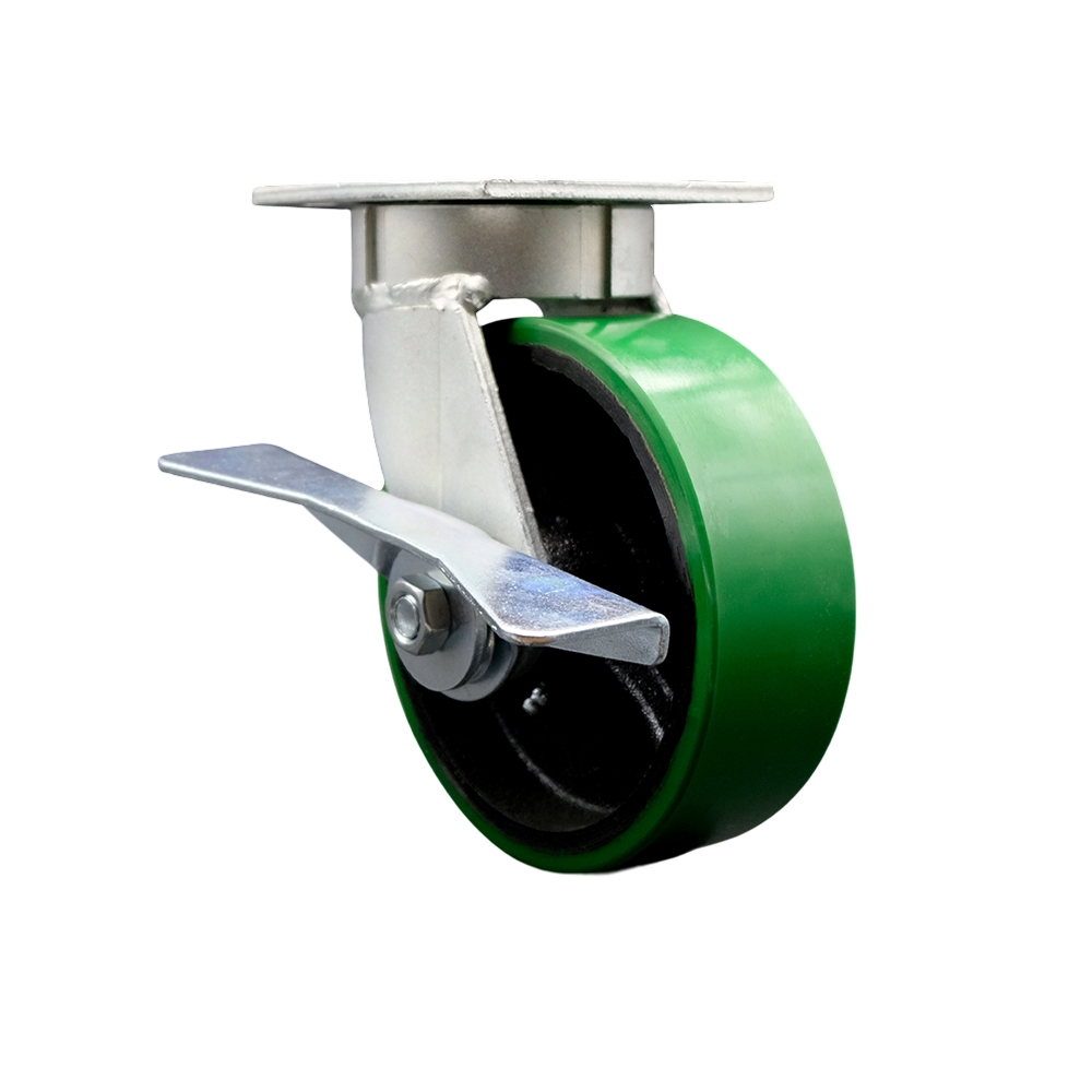 Kingpinless Polyurethane on Cast Iron Swivel Top Plate Caster with 6 x 2 in. Green Wheel & Side Lock Brake - 1200 lbs Capacity per Caster
