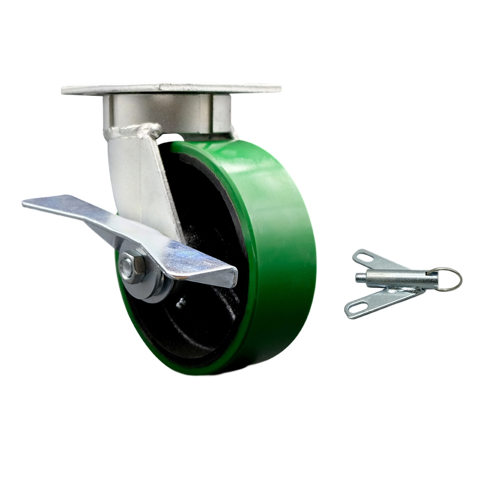 Kingpinless Polyurethane on Cast Iron Swivel Top Plate Caster with 6 x 2 in. Green Wheel & Side Lock Brake & Bolt on Swivel Lock - 1200 lbs Capacity