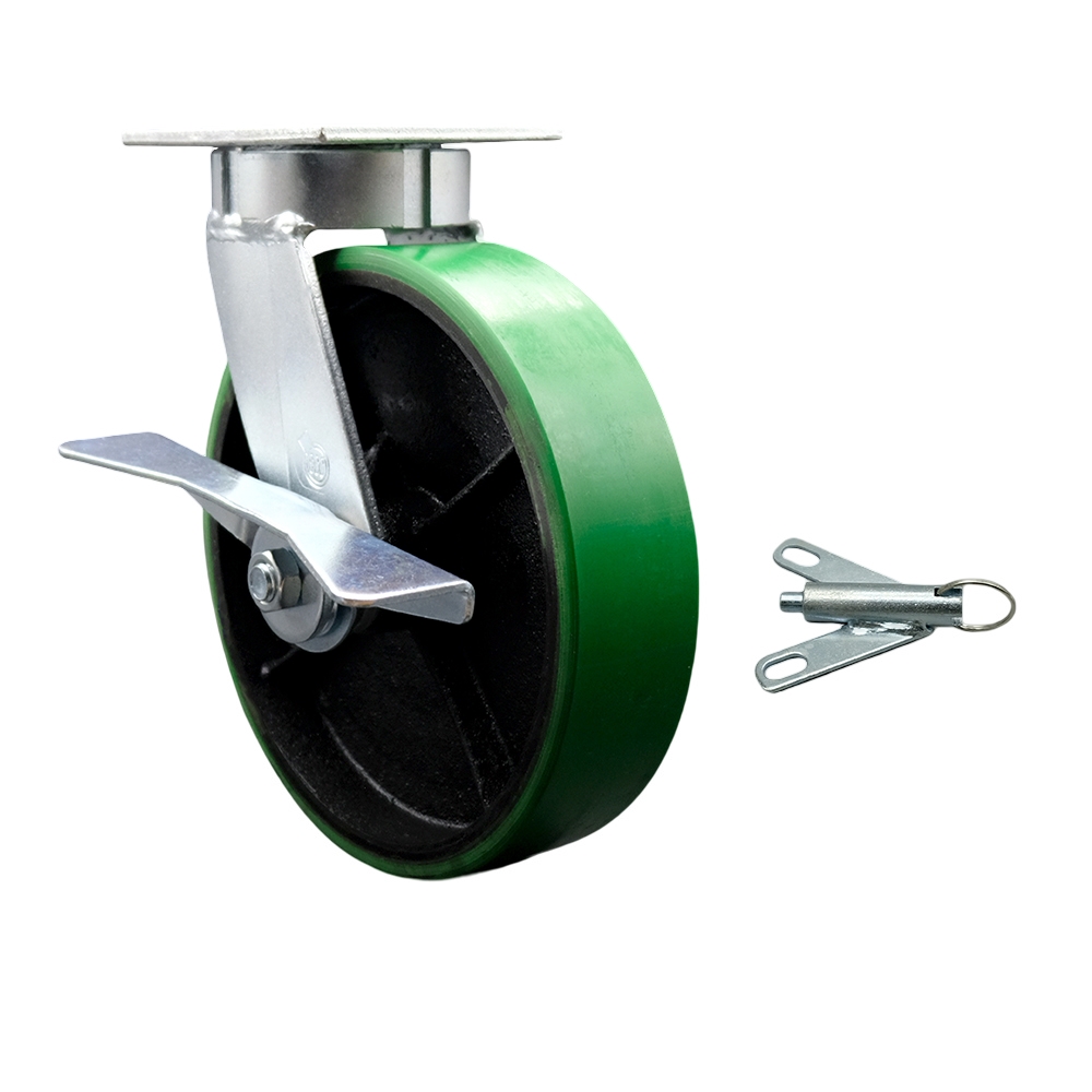 Kingpinless Polyurethane on Cast Iron Swivel Top Plate Caster with 8 x 2 in. Green Wheel & Side Lock Brake & Bolt on Swivel Lock - 1250 lbs Capacity