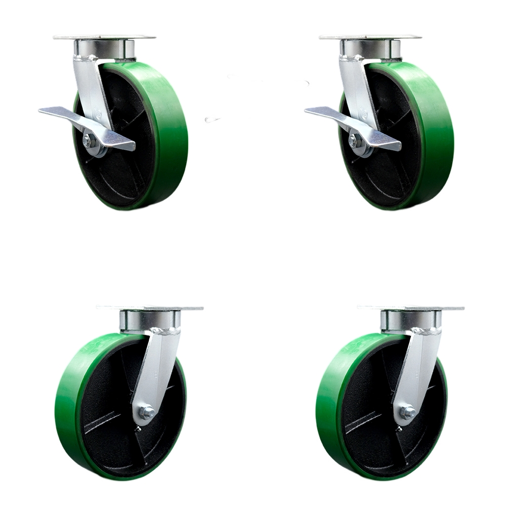 SCC-KP30S820-PUR-GB-SLB-BSL-2-BSL-2 Kingpinless Poly on Cast Iron Swivel Top Plate Caster with 8 x 2 in. Green Wheels - 5000 lbs Capacity - Set of 4