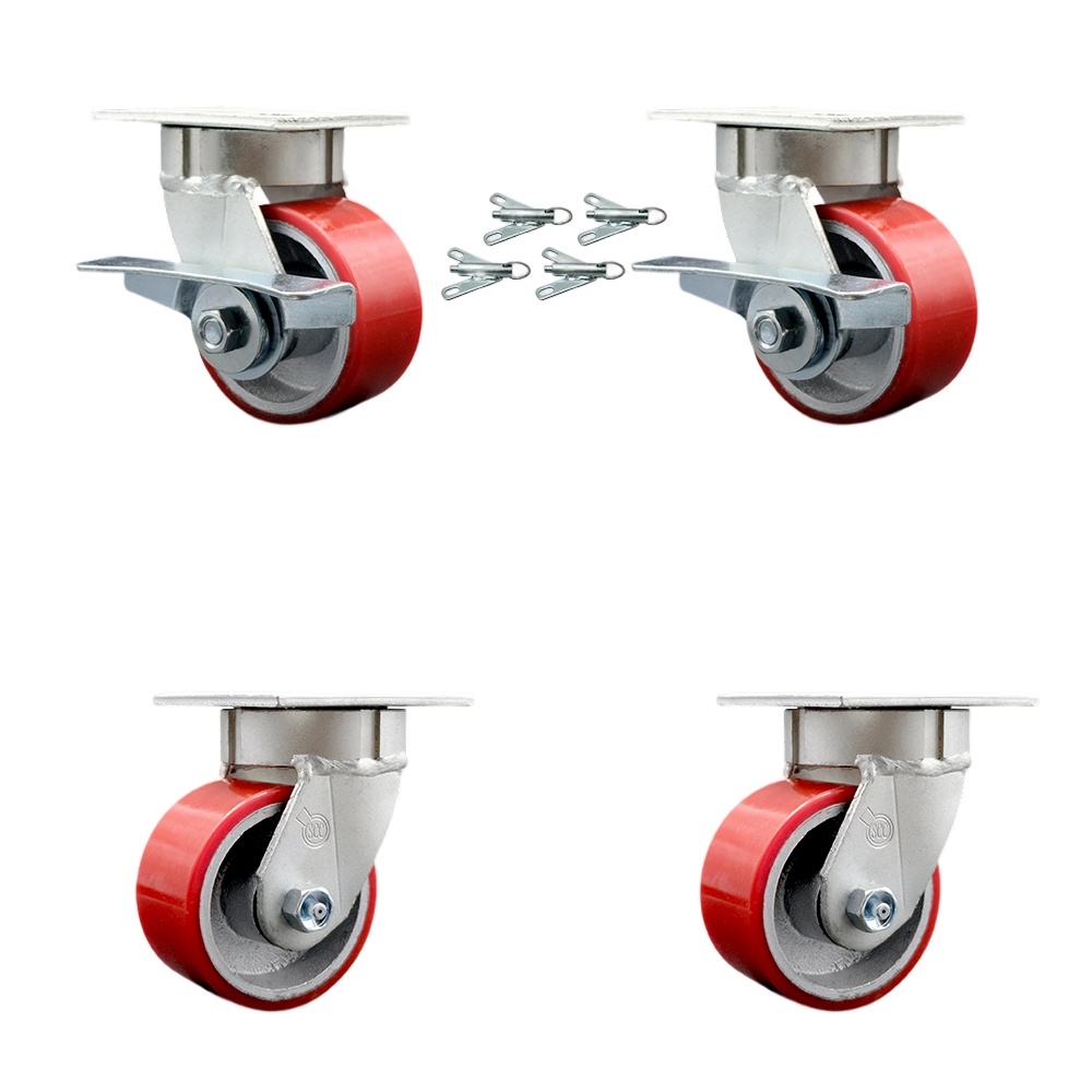 SCC-KP30S420-PUR-RS-SLB-BSL-2-BSL-2 Kingpinless Poly on Cast Iron Swivel Top Plate Caster with 4 x 2 in. Red Wheels - 2800 lbs Capacity - Set of 4
