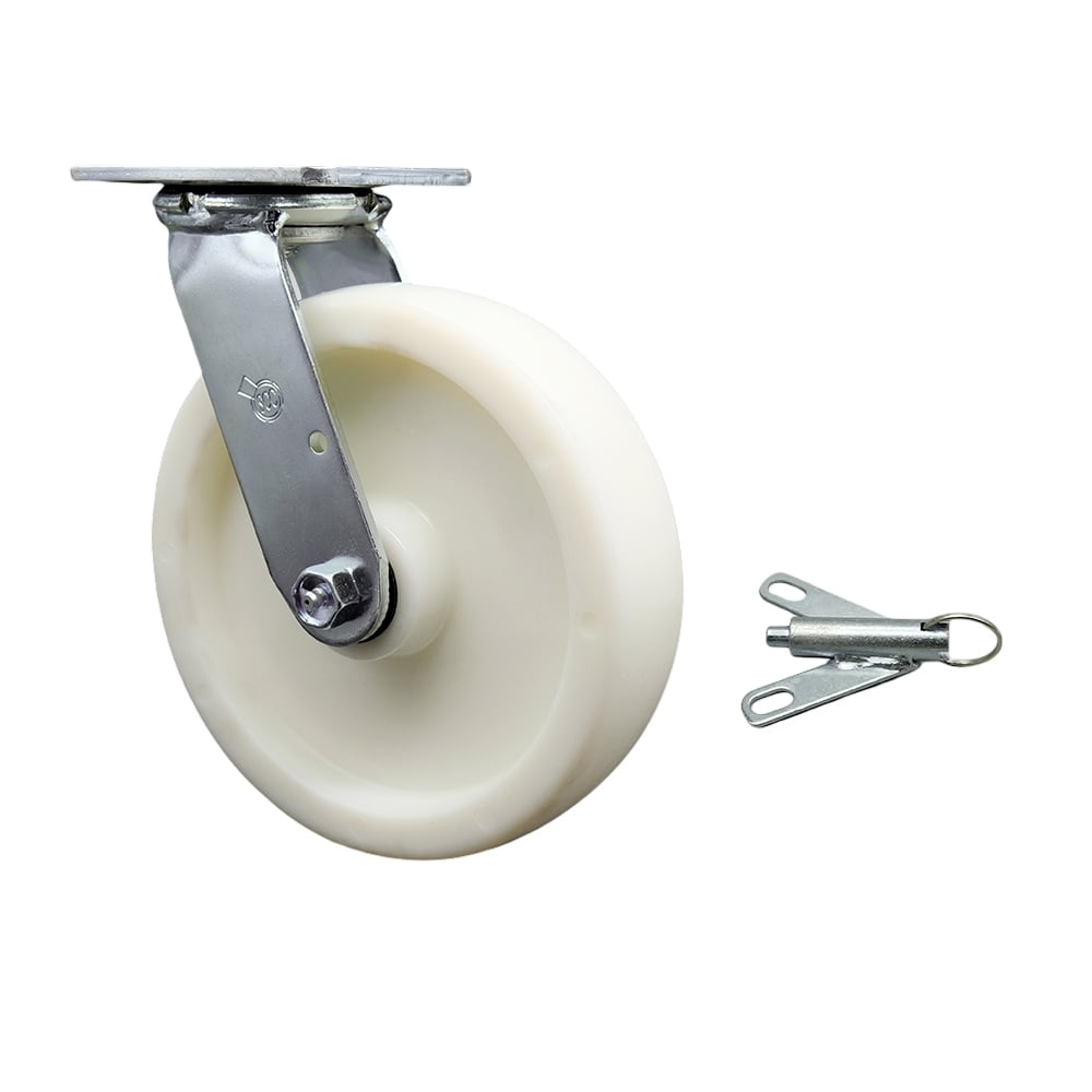 Stainless Steel Heavy Duty Swivel Top Plate Caster with Bolt on Swivel Lock & 8 in. Nylon Wheel with Ball Bearings - 1250 lbs Capacity per Caster