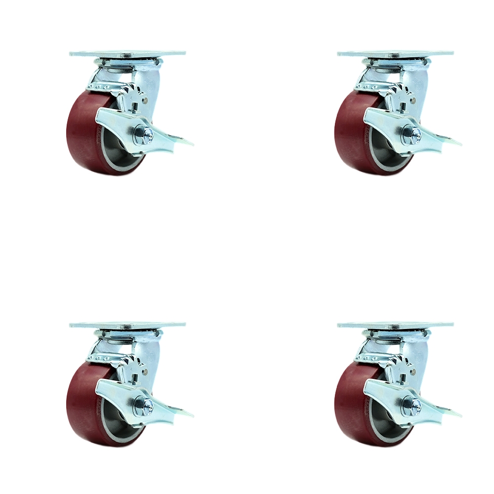 SCC-30CS420-PAB-TLB-4 Heavy Duty Swivel Caster with 4 in. Polyurethane on Aluminum Wheels & Ball Bearings - 2800 lbs Total Capacity - Set of 4