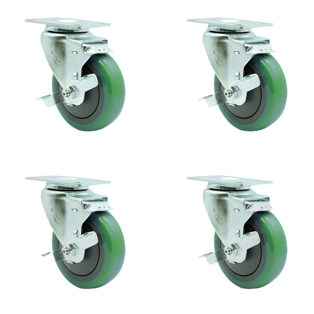 SCC-SS20S414-PPUB-GRN-TLB-4 Stainless Steel Polyurethane Swivel Top Plate Caster with 4 x 1.25 in. Green Wheels - Set of 4