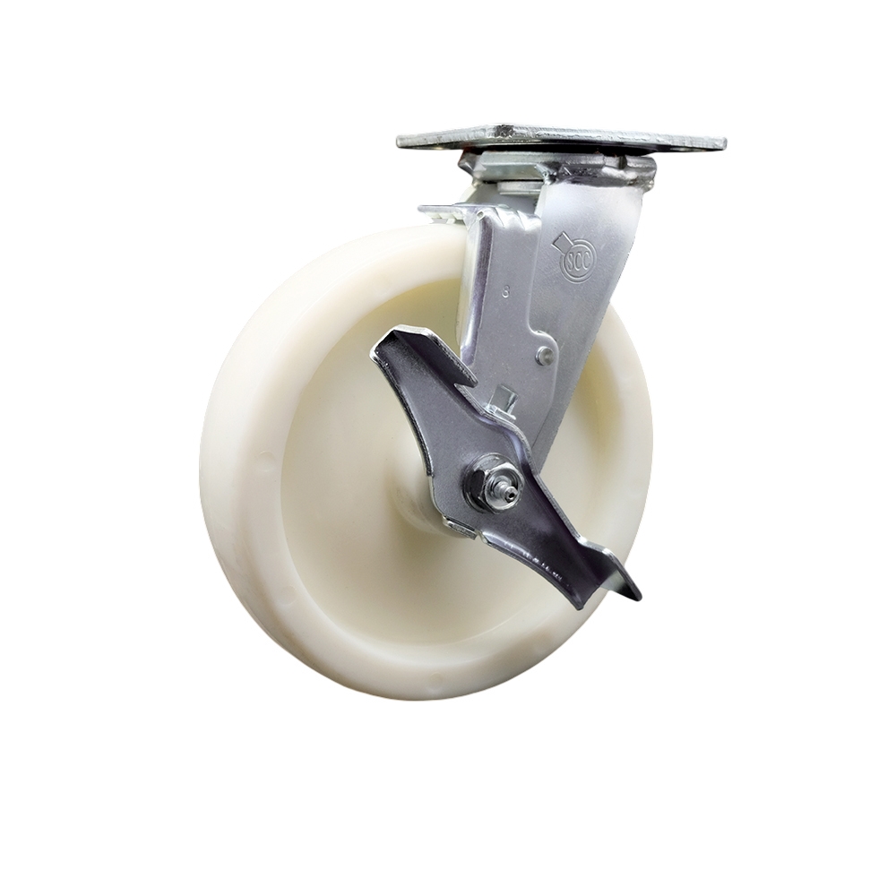Stainless Steel Heavy Duty Swivel Top Plate Caster with Top Lock Brake & 8 in. Nylon Wheel with Ball Bearings - 1250 lbs Capacity per Caster