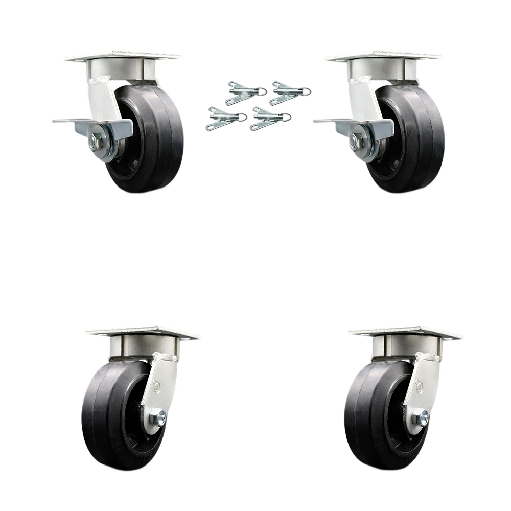 SCC-KP30S520-RSR-SLB-BSL-2-BSL-2 Kingpinless Rubber on Cast Iron Swivel Top Plate Caster with 5 x 2 in. Black Wheels - 1600 lbs Capacity - Set of 4